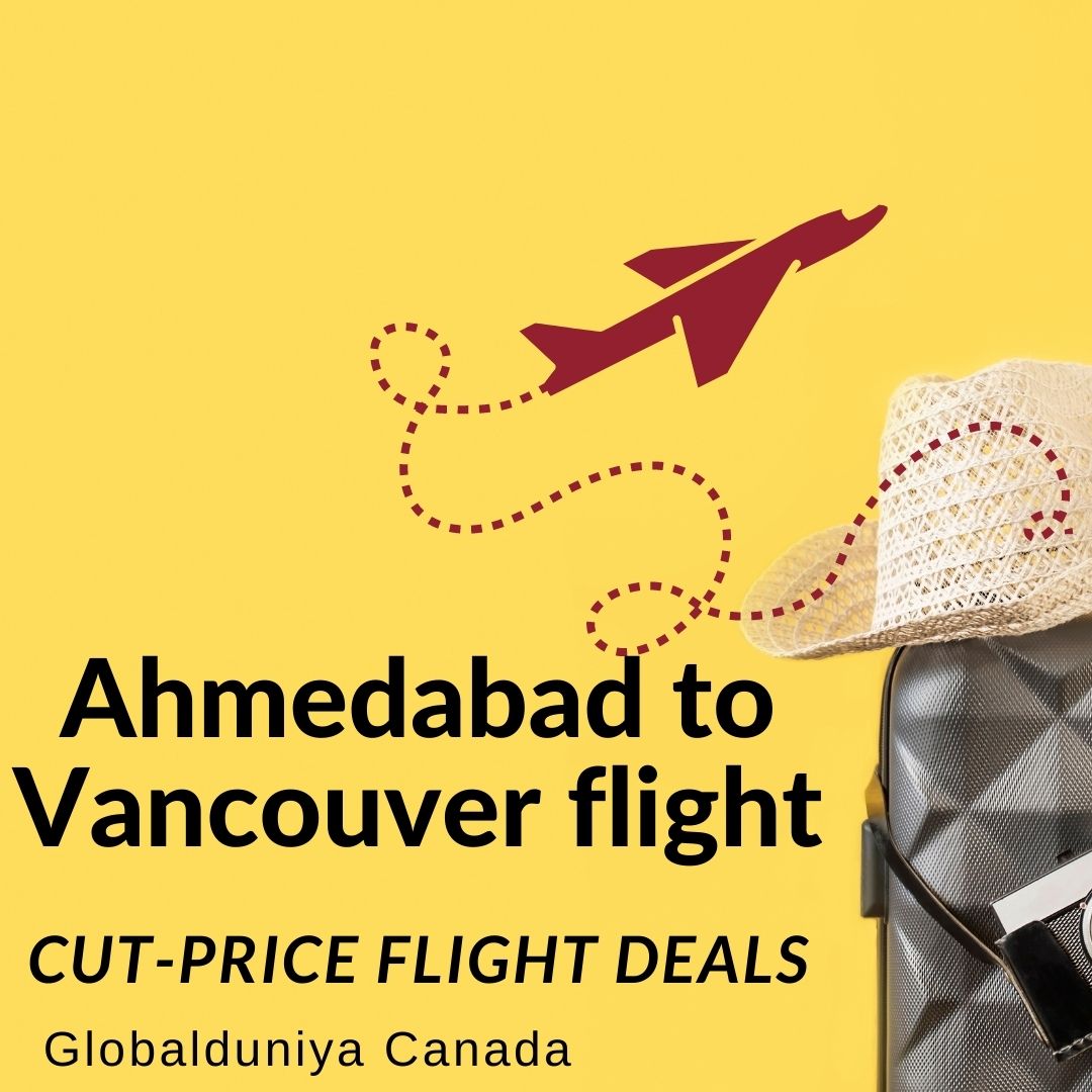 This image shows a red plane flying and a suitcase on a side for Ahmedabad To Vancouver (YVR) Flight